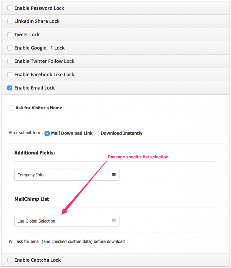 package specific MailChimp Subscription list selection