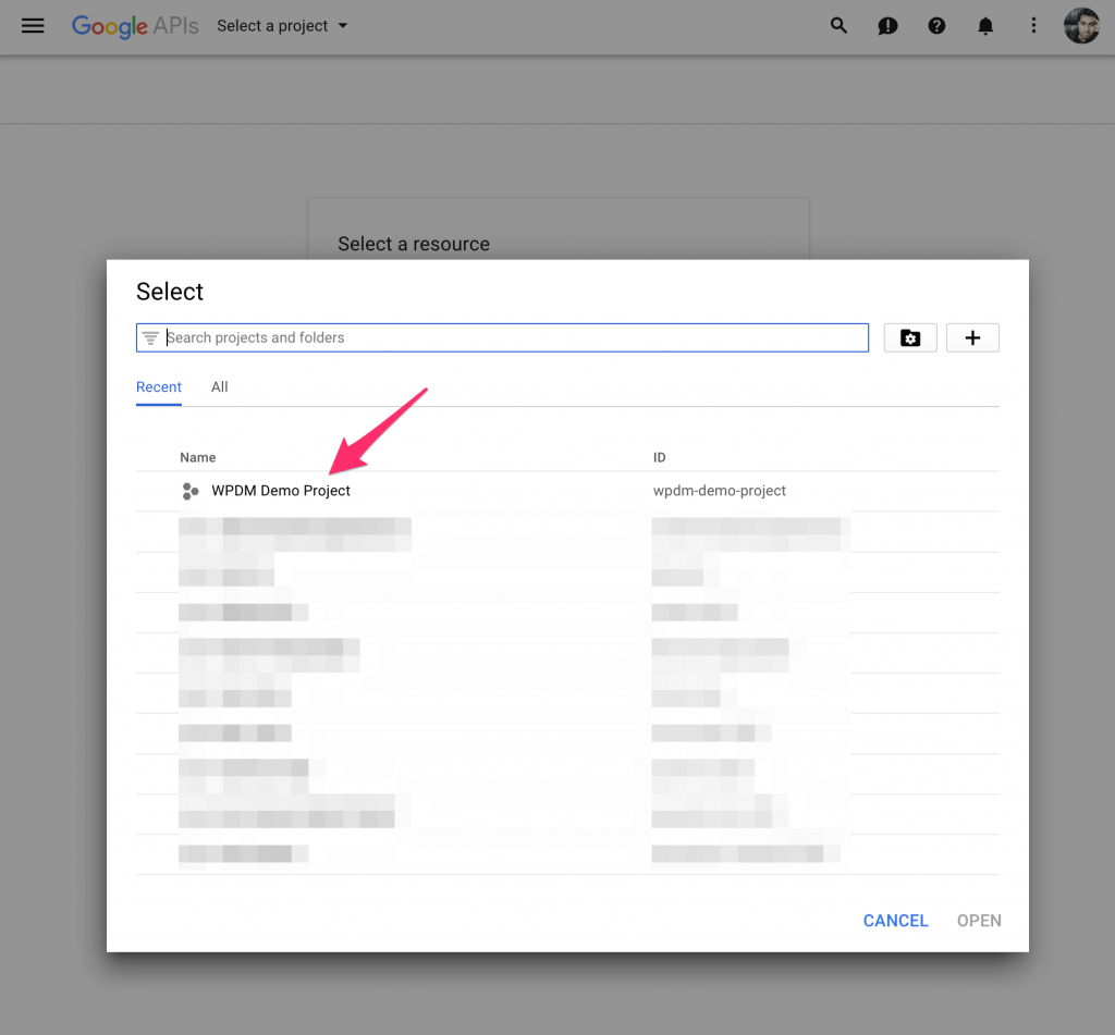 Select Project Popup