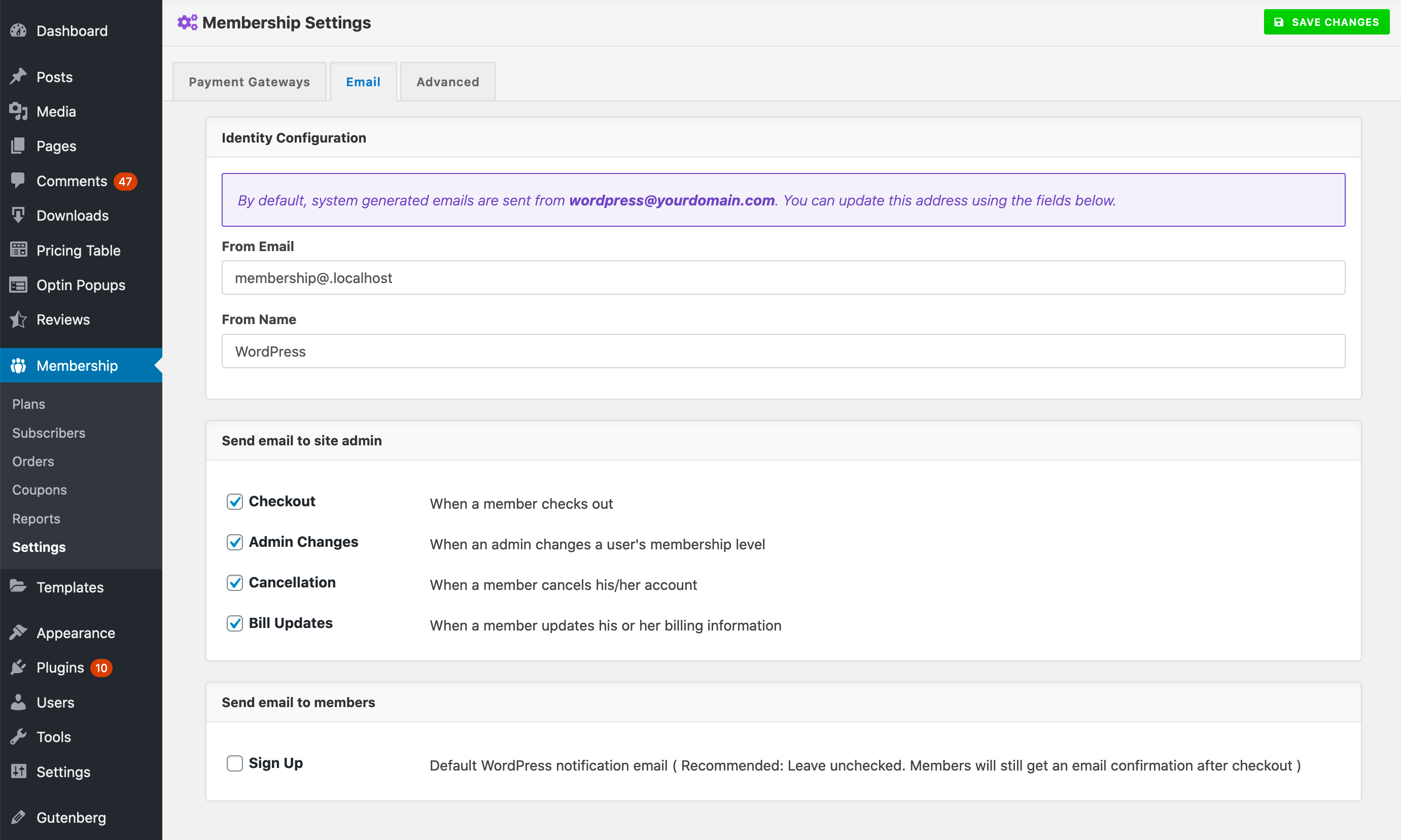 Email options wordpress download manager