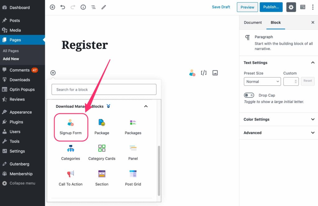 Signup Form Block - WordPress Download Manager