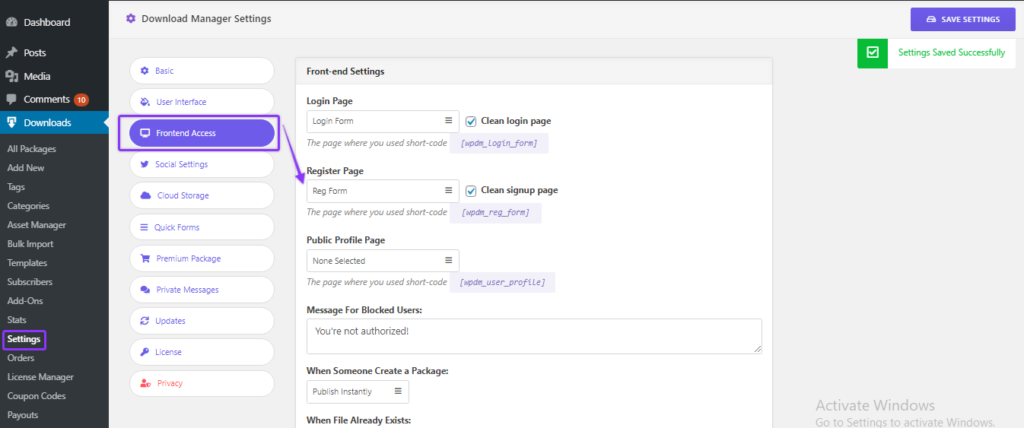 additional settings for user registration form