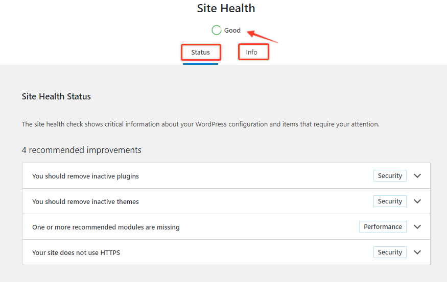 check website health with wordpress site health tool