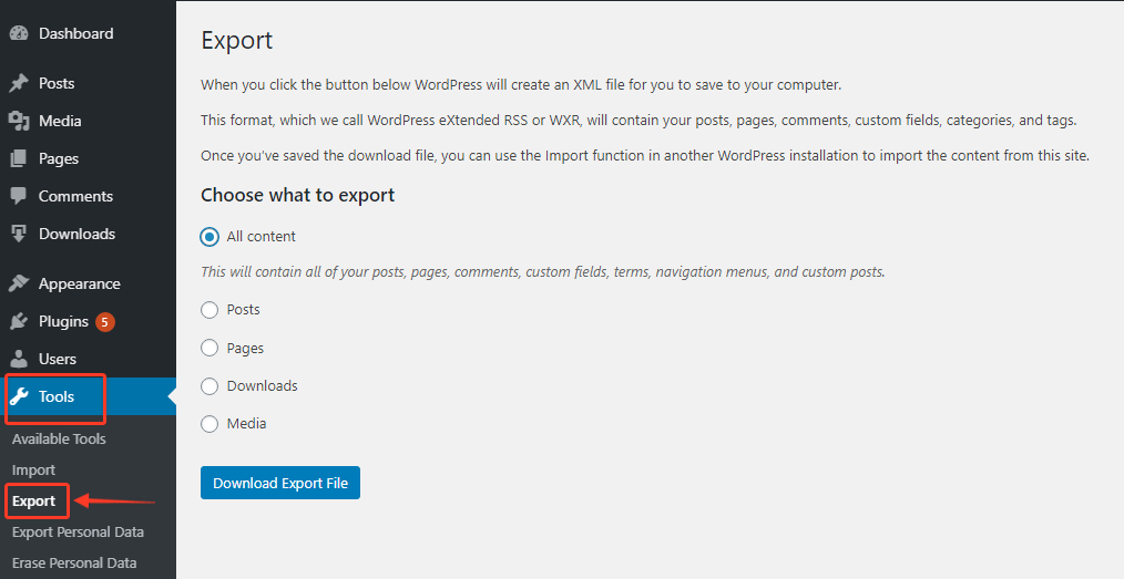 export function on wordpress