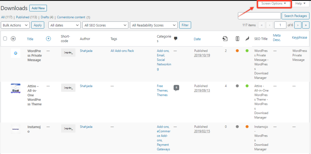 screen options in admin screen