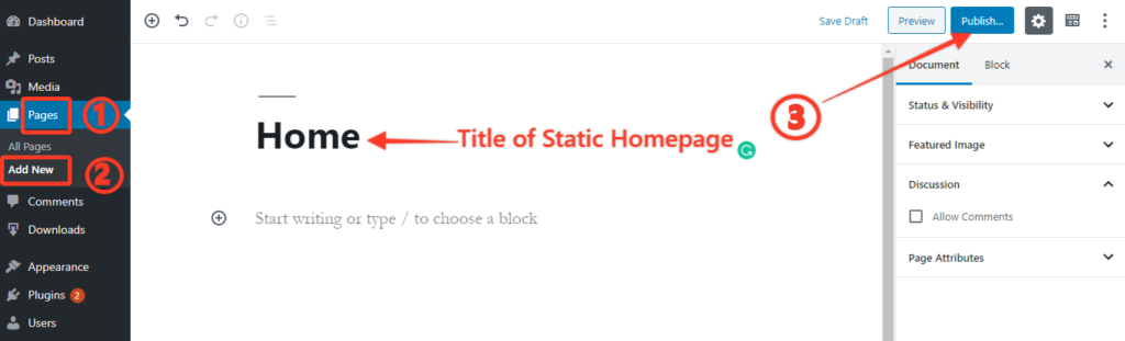 create a new page as static home page