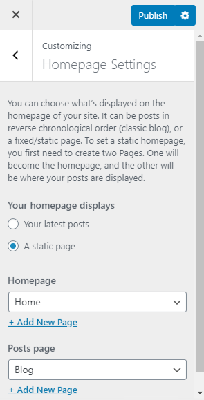 Set the static front page from customize option