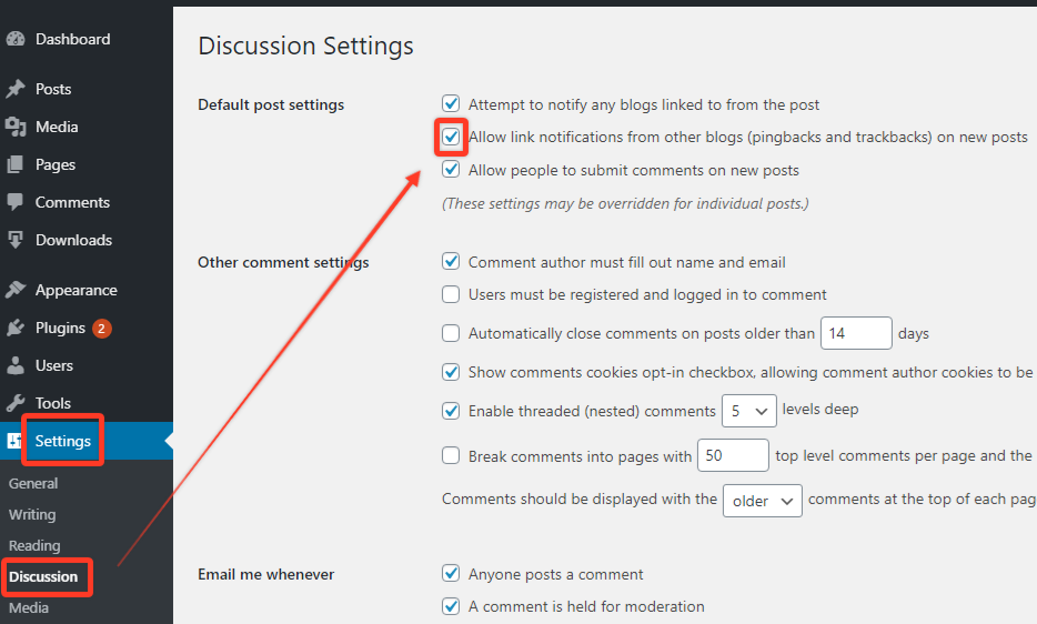 pingback in wordpress from discussion settings