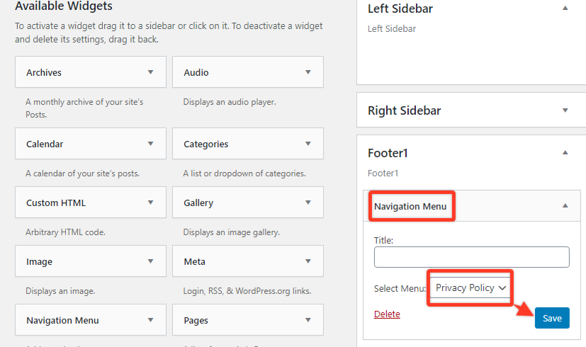 set the menu on footer