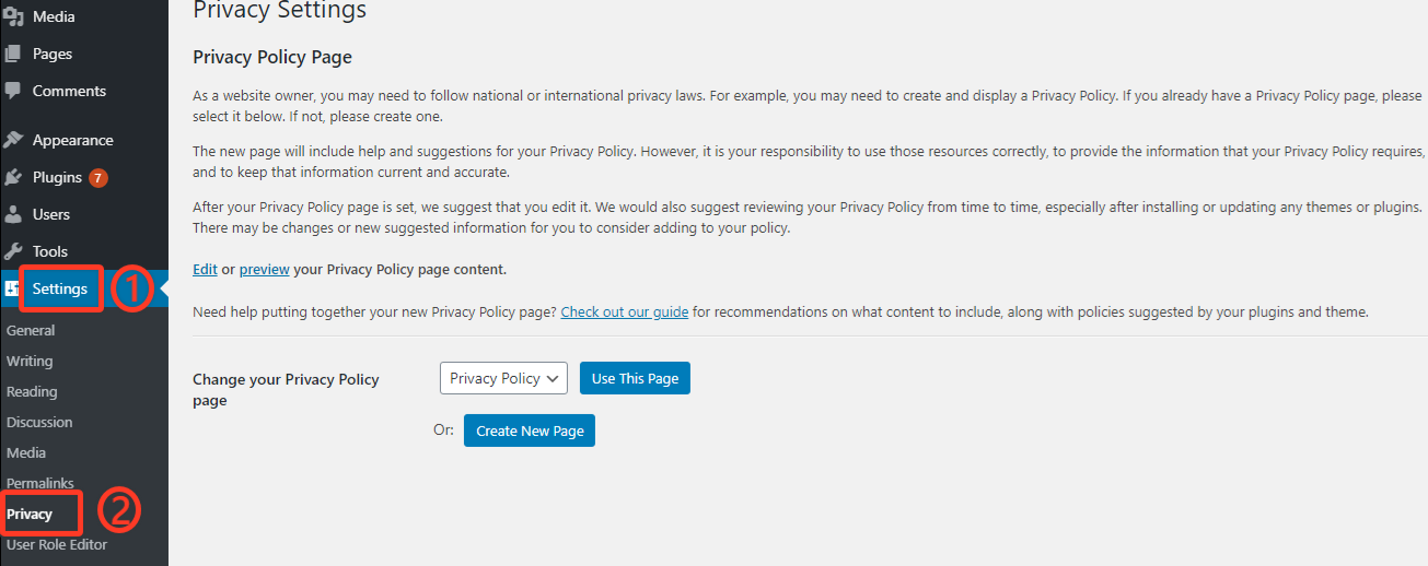 wordpress privacy policy settings