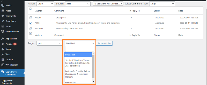 Choose WordPress post to move comments
